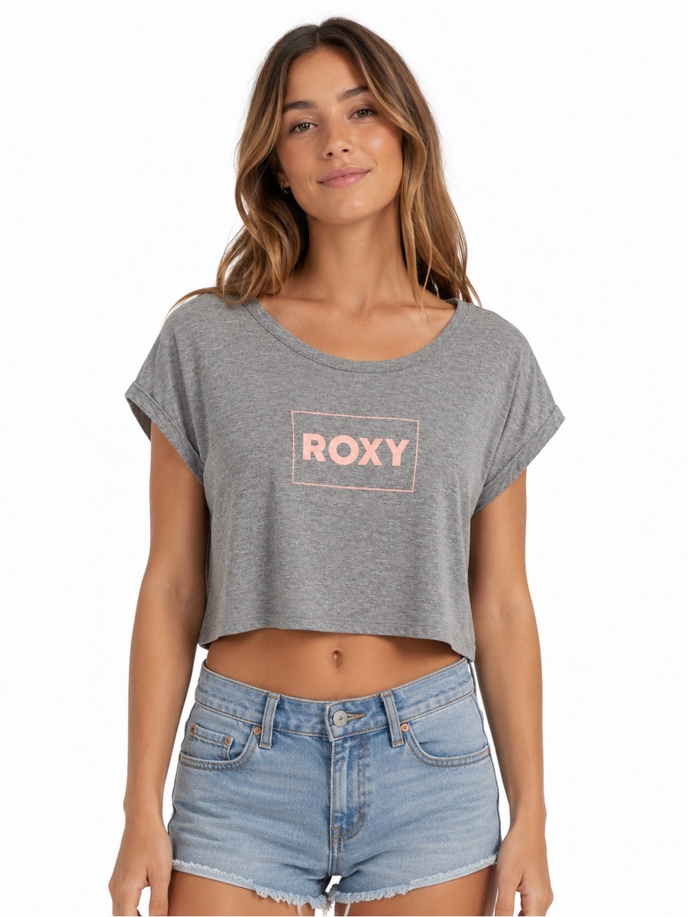 Roxy Women’s S Gray Pink Logo Boxy Crop Top Short Sleeve Casual Tee